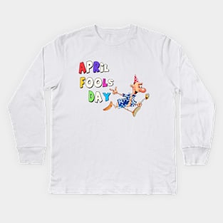 April Fools Day. Running prankster. Kids Long Sleeve T-Shirt